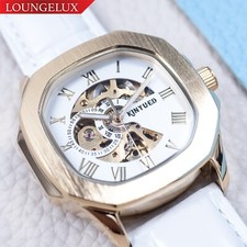 40mm Automatic Retro Skeleton Mechanical Watch Gold White Dial White Leather