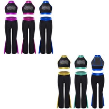 Kids Girls Sports Suit Rhinestone Dancewear Shiny Stage Performance Costume