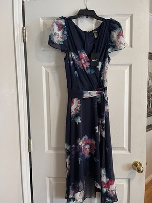 DKNY Navy Floral Hi-Low Wrap Dress Short Sleeve Belted Ruffle Size 12