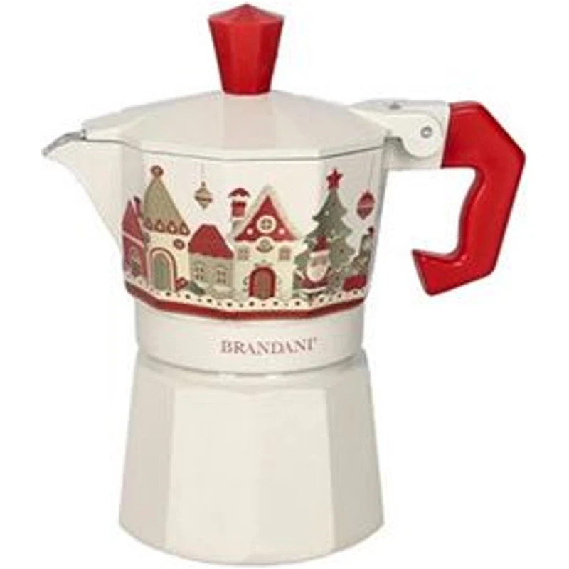 Caffettiera Moka 1 Tazza BRANDANI Villaggio in Festa Avorio Natale Alluminio