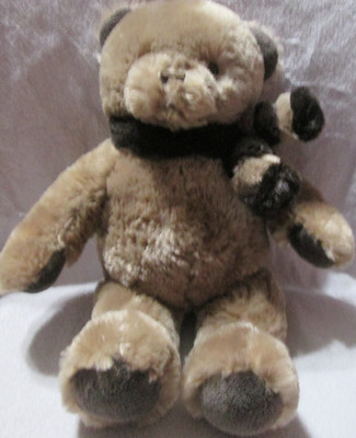 Brookstone N.A.P. Tan Brown 14  NAP Teddy Bear Striped Scarf Stuffed Plush Toy