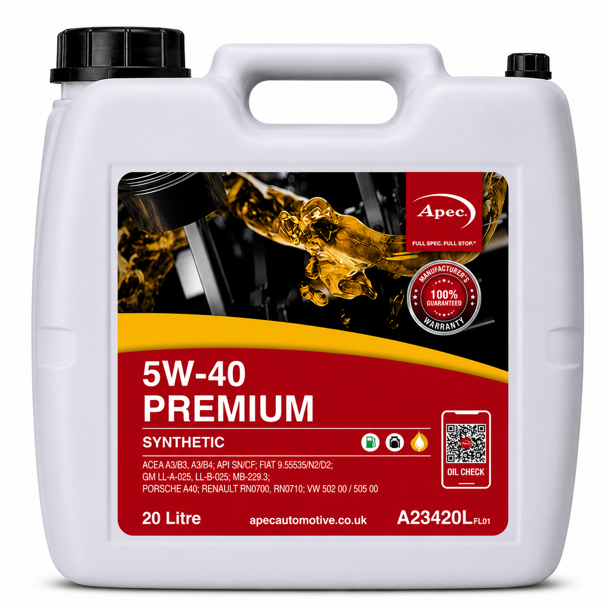 APEC 5W-40 PREMIUM Fully Synthetic Engine Oil 20L | ACEA A3/B3, A3/B4 LL-A-025