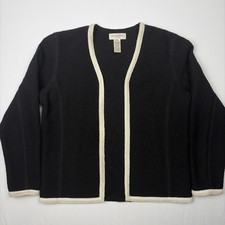 Vintage Merino Wool Cardigan Black Ivory Trim PM Jones New York