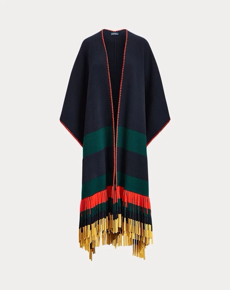 Polo Ralph Lauren Felted Wool Poncho Fringe Red Yellow Blue XS/S