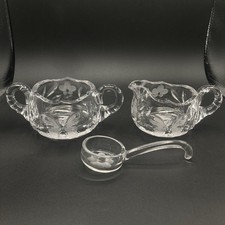 American Brilliant Cut Crystal Glass Creamer Sugar Spoon Set Floral Butterfly