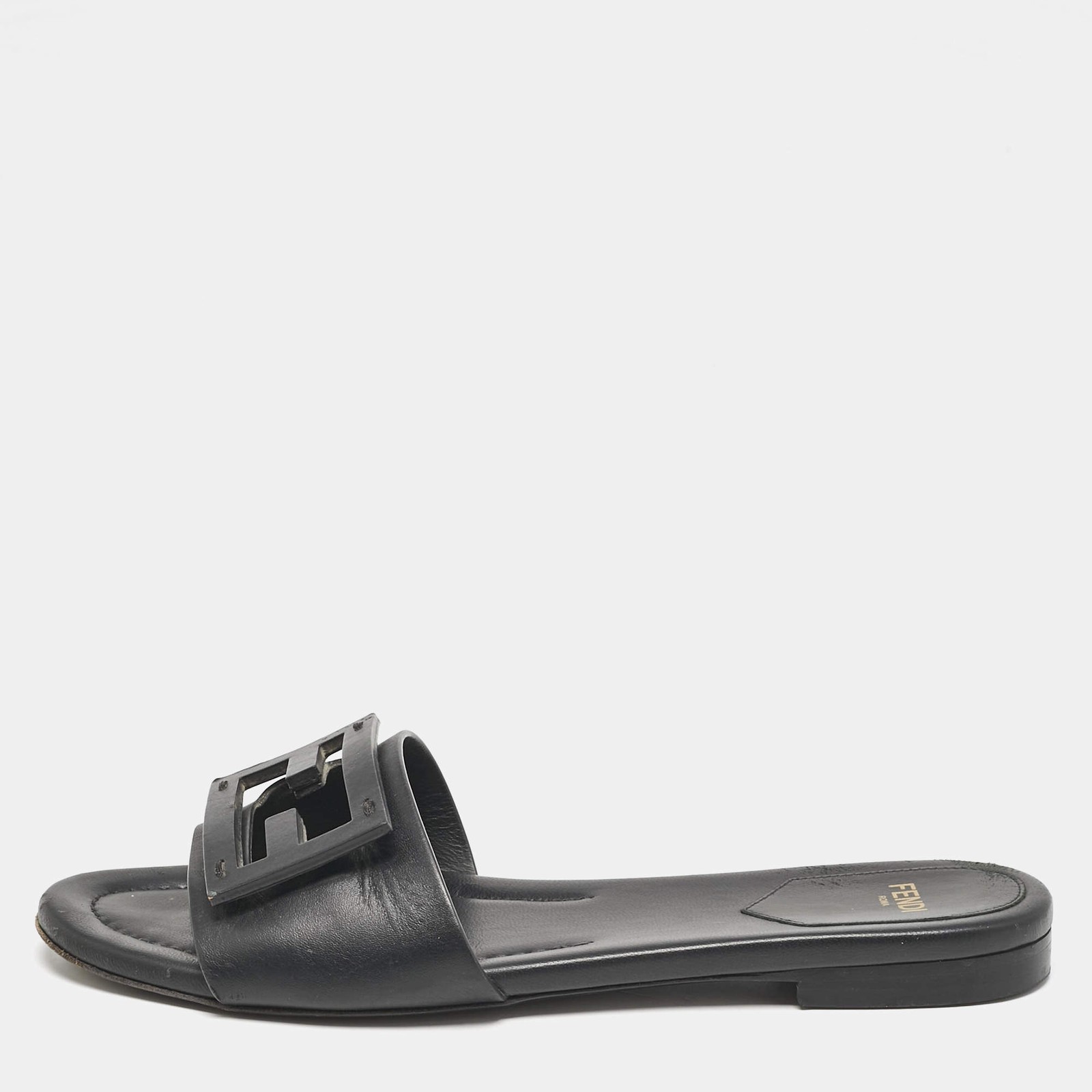 Fendi Black Leather Logo Flat Slides Size 37