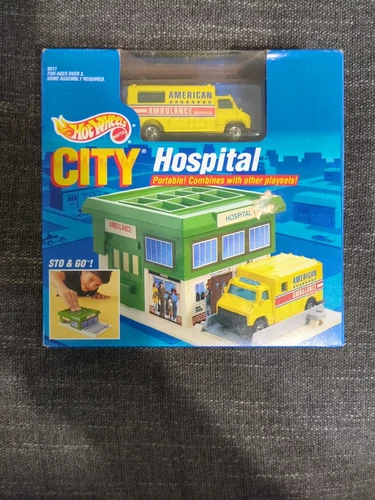 Vintage 1990 Hot Wheels City Hospital Yellow Ambulance Sto & Go Playset