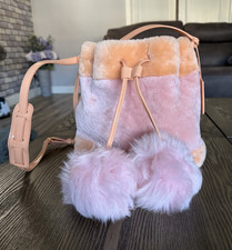 UGG FauxFur Pink/Peach Drawstring Bucket Bag Medium with Strap Pom Detach Wallet