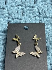 Clear Rhinestone Pave Goldtone Butterfly Dangle Earrings 1.25 inches