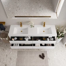 72" Glossy White Wall-Mounted Bathroom Vanity with Double Sinks, Stone Resin