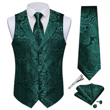 DiBanGu Men's Silk Paisley Vest and Tie Set 5PCS Medium Dark Green