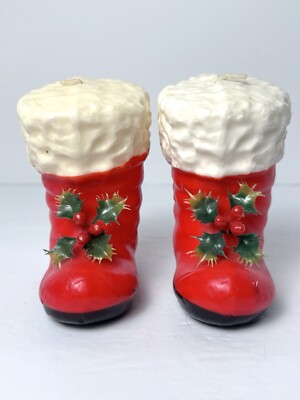 Vintage Christmas Santa Boot Candle Robert Alan Set 2 Holly Sprig Wax Unused
