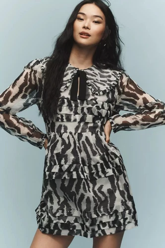 NWT Anthropologie Women Maeve sz S Collared Sheer Long Sleeve Mini Dress Animal