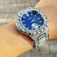 Men's Luxury Hip Hop Silver Tone Bling Metal Band Big CZ Blue Dial Wrist Watch