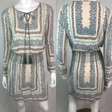 Chelsea & Violet Women's XS Beige Tassels Printed Boho Tunic Shift Shirt Dress