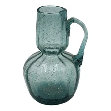 Antique Blue Glass Optical Ribbed Pattern Jug Pitcher Vase Applied Handle 