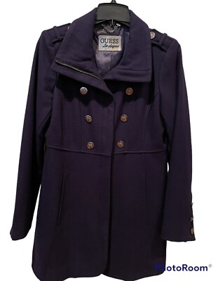 Vtg GUESS Pea Coat Womens Medium Navy Wool Blend Los Angeles 1981 Girl Goth