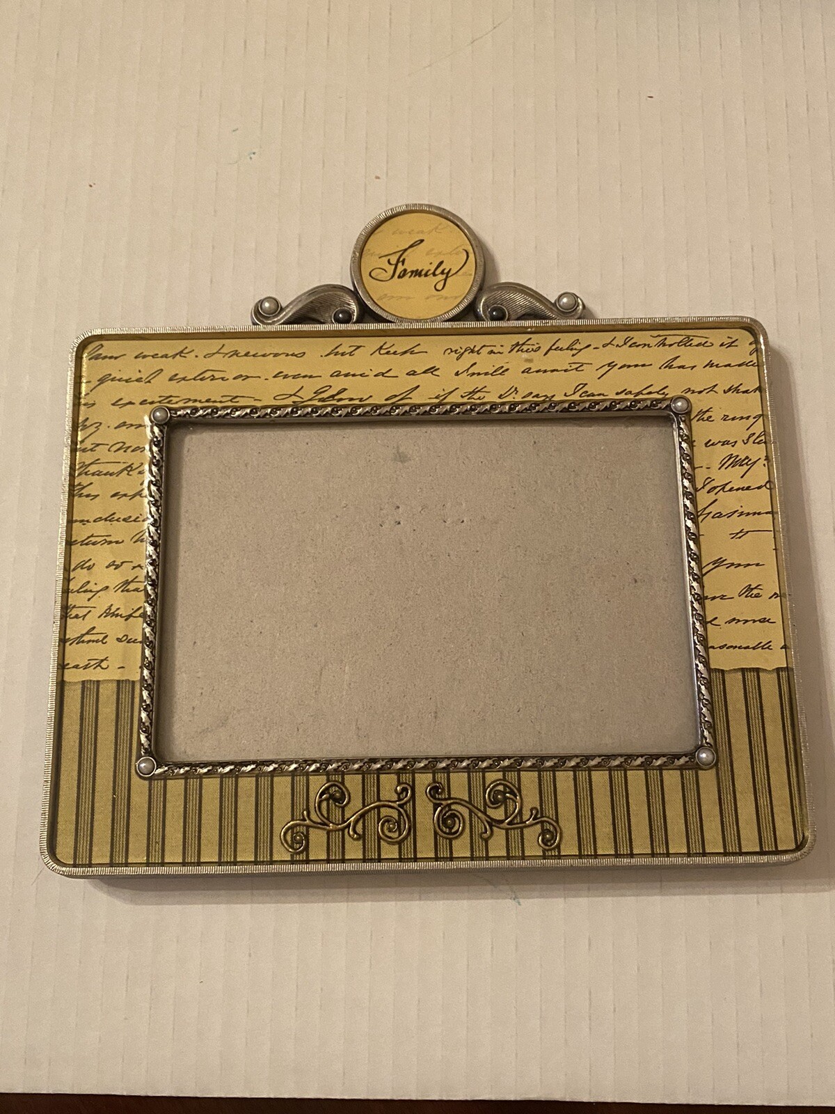 Family Silver Gold tone Photo Frame Holds  4x6”Picture Metal Yellow Enamel