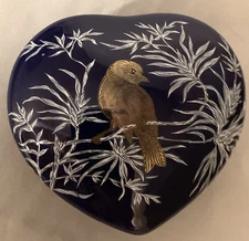 Vintage The Art Of Chokin Blue &Gold Bird Floral Heart Trinket Dish Jewelry Box