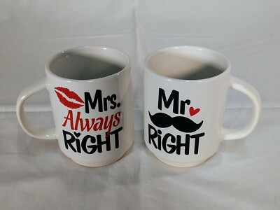 SET OF 2 MR MRS ALWAYS RIGHT MUGS COFFEE TEA CUP GIFT SET BOX MUM DAD PRESENT