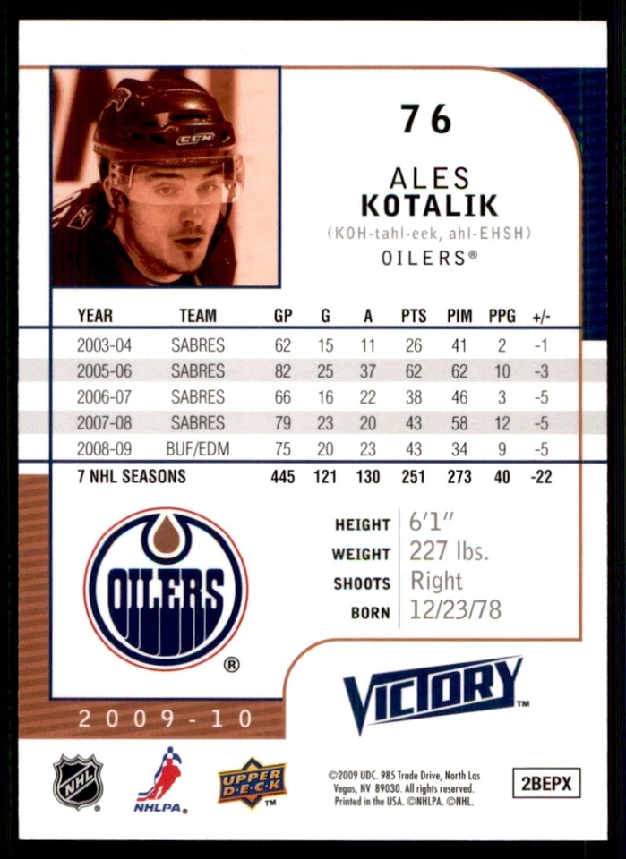 2009-10 Upper Deck Victory Ales Kotalik Edmonton Oilers #76 - Image 2 of 2