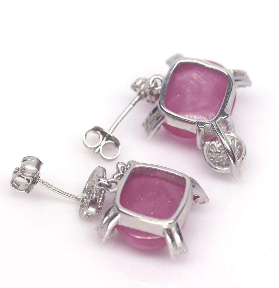 Heated 11 X 13 mm. Pink Ruby & Cubic Zirconia Earrings Silver 925 Sterling - Image 3 of 4