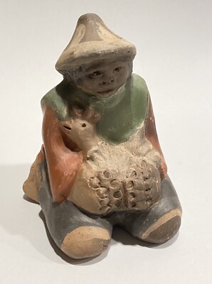 Fernando Alfaro Chile Folk Art Pottery Red Clay Primitive Man w/ Chicken