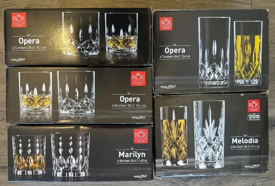 RCR Luxion Set of 6 Crystal Glasses Highball Tumblers Opera Melodia Marilyn New