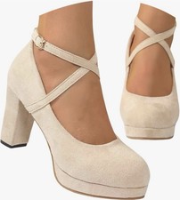 Damen Pumps Beige Wildleder Blockabsatz Plate...