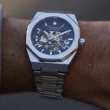 THOMAS & GEORGE Skeleton Automatic Silver Stainless Steel Wristwatch