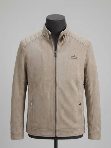 Men's Beige Suede Leather Jacket Stand Collar Zip Up Casual Biker Coat - product listing photo