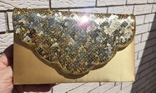 Vintage STEFANI Gold Sequin Satin Clutch Scalloped Flap Evening Bag Chain