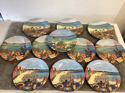 Set of 11 Evolution Sakura Melamine Tropical Plastic Dinner Plates Signed Sarina