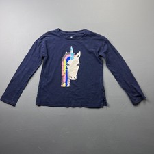 GAP Girls' Medium Blue Long Sleeve Sequin Unicorn Graphic Tee Casual Kids Shirt