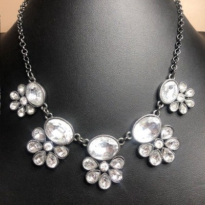 B2814 Crown Trifari Clear Rhinestone Statement Bib Necklace Dark Tone 16-18''