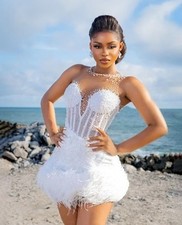 Sexy Short Wedding Dresses High Neck Sleeveless Feather Beaded Mini Bridal Gowns