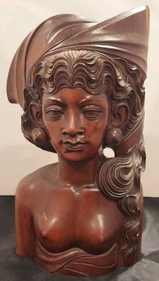 Vintage Hand-Carved Balinese Teak Bust Sculpture, Klung Kung