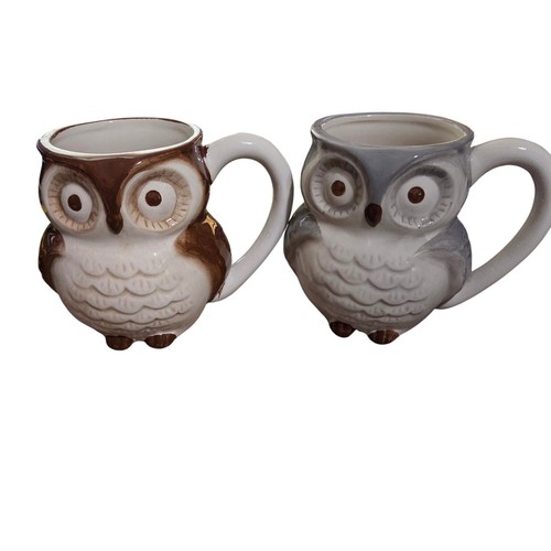 World Market Owl Coffee Mugs Set of 2 Ceramic brown gray internal figures