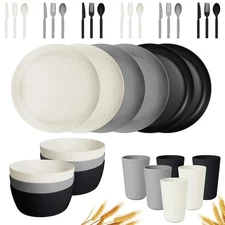 36-Piece Plastic Wheat Straw Dinnerware Sets Plates and Bowls Sets for 6 Ligh...