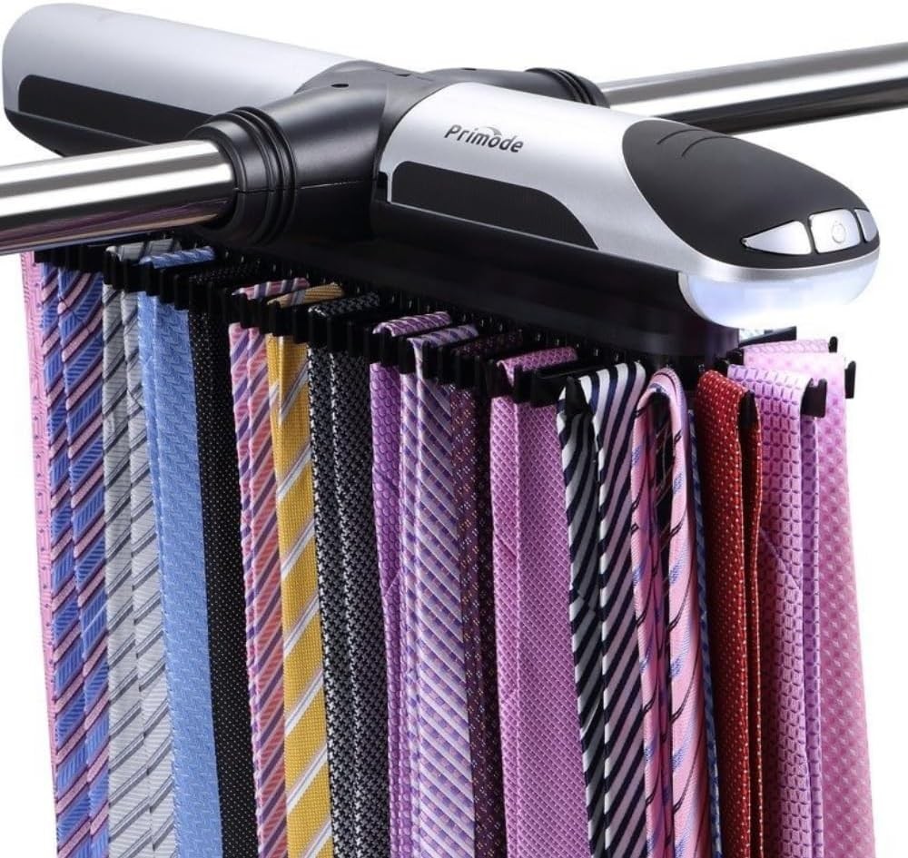 Motorized Tie and Belt Organizer Holds 72 Ties 8 Belts with J Hooks