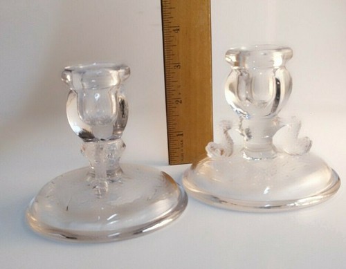 Pair Etched Clear Glass Flower & Leaf Design Tapered Candle Stick Holders - Picture 8 of 9