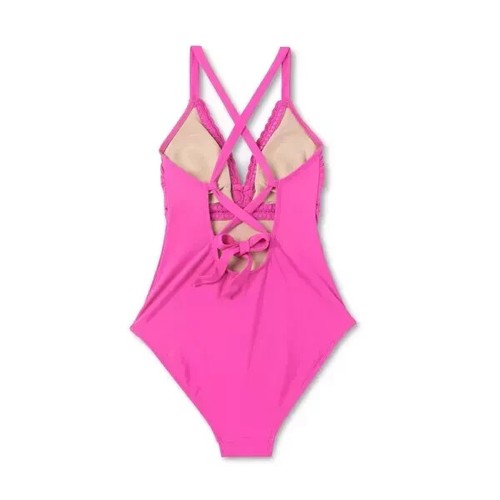 Women's Crochet Shell Stitch Medium Coverage One Piece Swimsuit - Kona Sol™ Pink - Picture 6 of 9