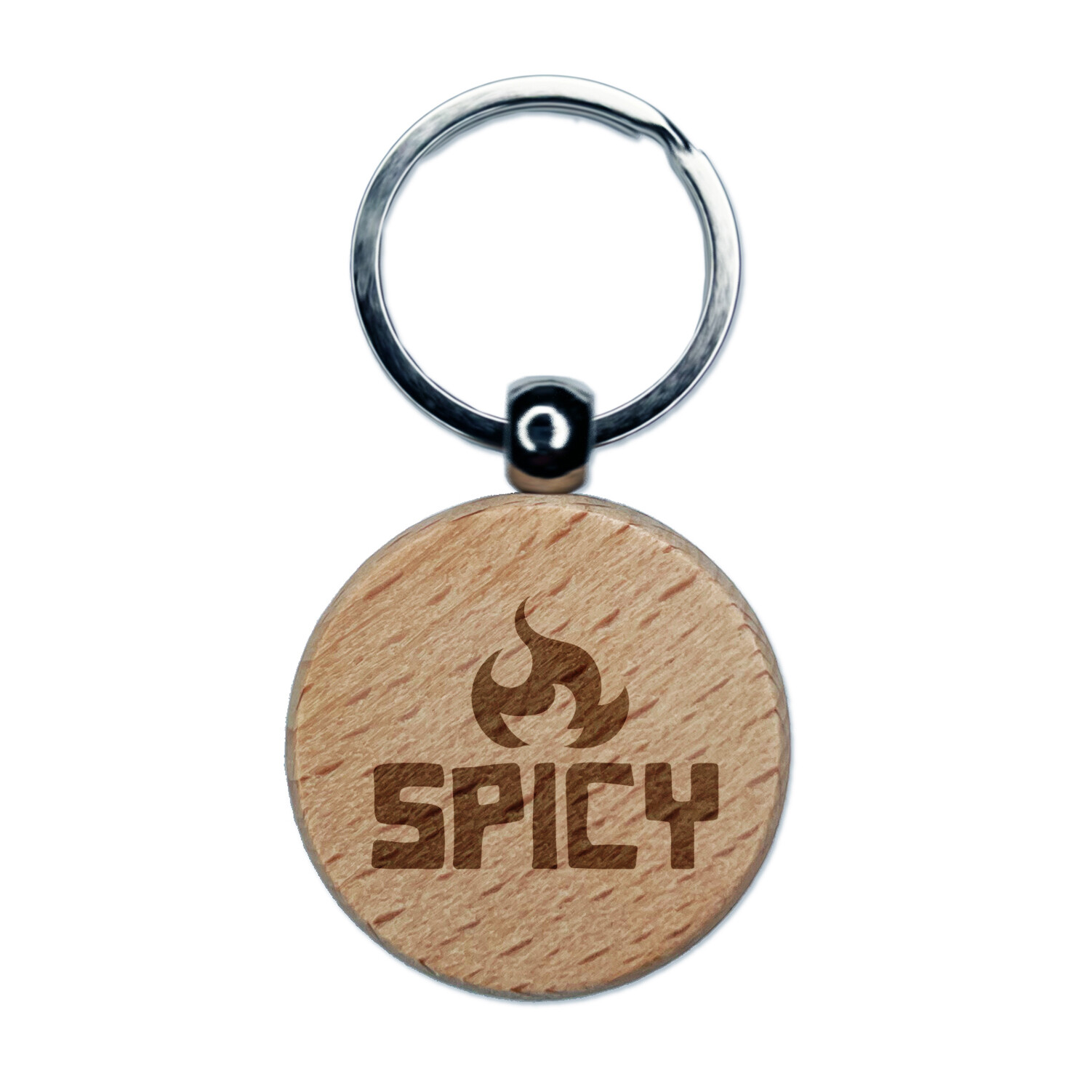 Spicy Fire Engraved Wood Round Keychain Tag Charm