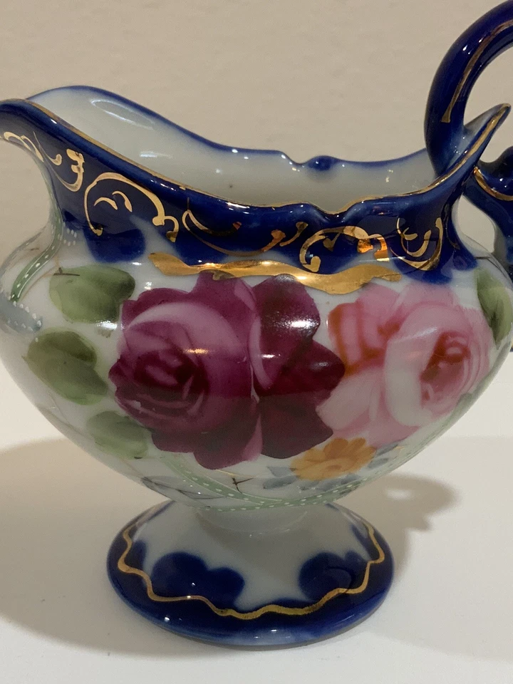 Antiguo juego de té floral Nippon E-OH Bone China Japón pintura a mano azul cobalto dorado Foto 4 de 4