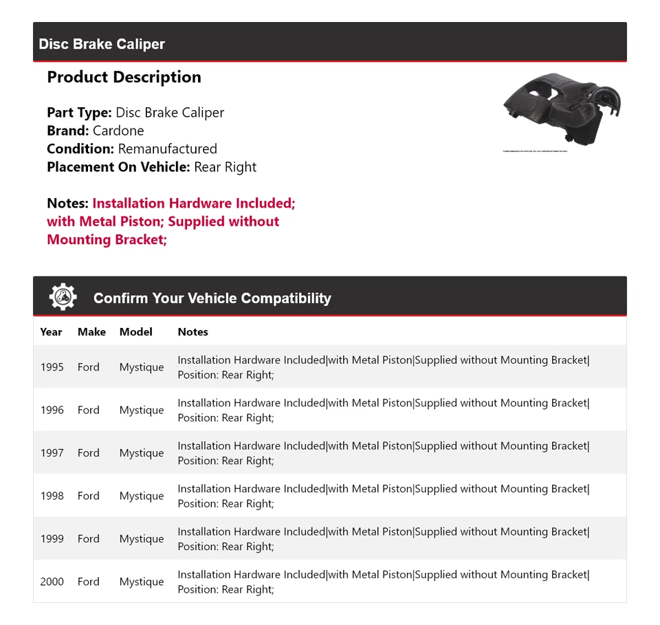 For 1995-2000 Ford Mystique Disc Brake Caliper Rear Right Cardone 1996 1997 1998 - Image 2 of 4