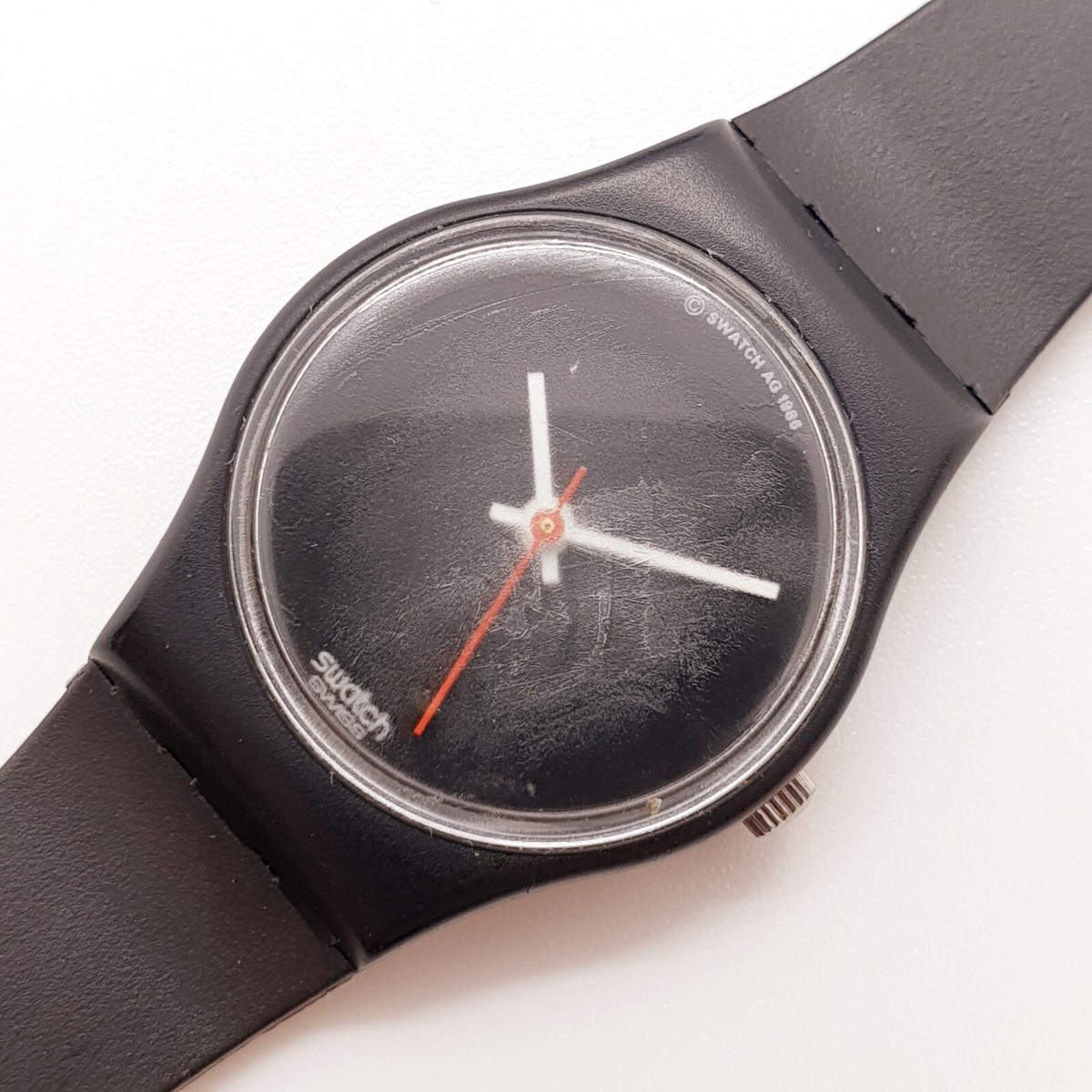1987 Vintage Full Black Swatch Lady Watch with White & Red 