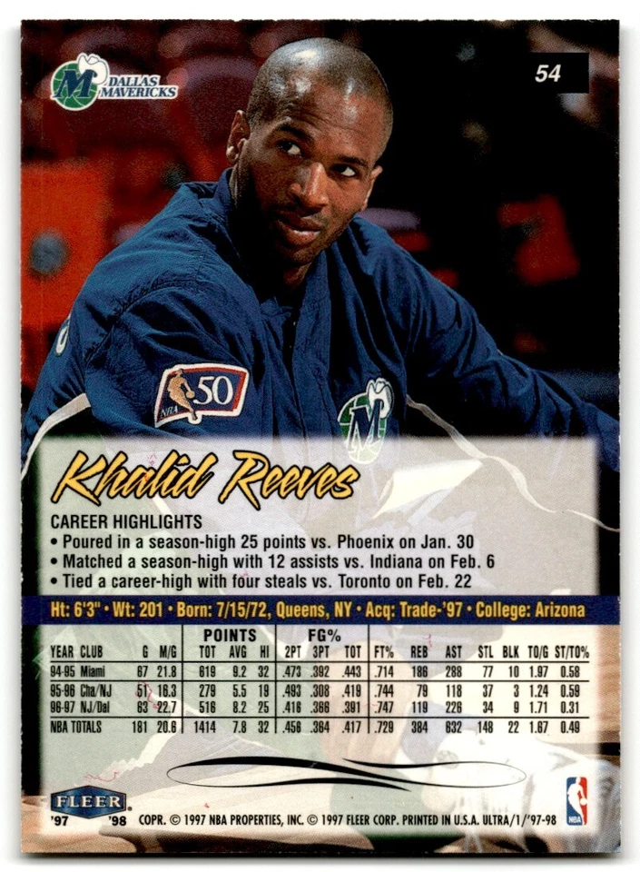 1997-98 Fleer Ultra Khalid Reeves Dallas Mavericks #54 - Image 2 of 2