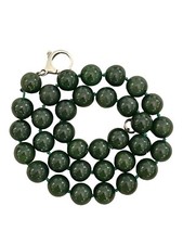 Classic Antique Nephrite Spinach Jade Necklace 12mm Round Beads & Silver Clasp