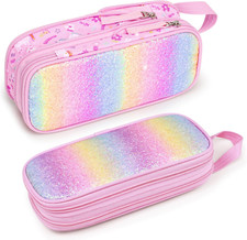 Glitter Pencil Case for Girls - Expandable Kids Pencil Pouch Large Capacity Cute