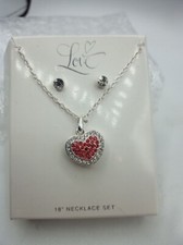 SILVER TONE SPARKLEY RED HEART NECKLACE AND EARRING SET 18" CHAIN